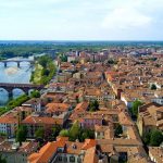 Aerial video shooting with drone on Pavia, famous Lombardia city near the Ticino river in northern Italy